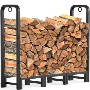 AMAGABELI GARDEN & HOME 4ft Firewood Log Rack Outdoor Indoor Heavy Duty Wrought Iron Fire Wood Holder Outdoors Stand Tubular Wood Pile Lumber Storage Stacking Log Bin Black