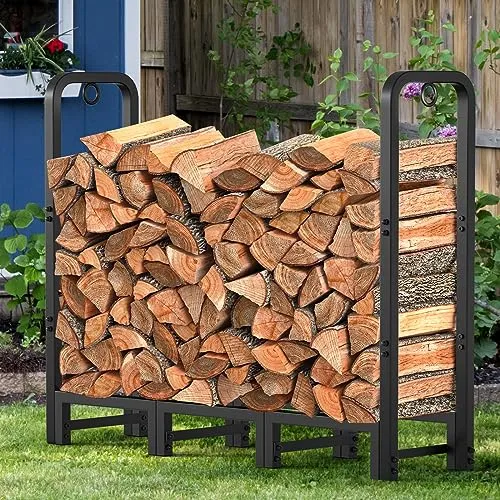 AMAGABELI GARDEN & HOME 4ft Firewood Log Rack Outdoor Indoor Heavy Duty Wrought Iron Fire Wood Holder Outdoors Stand Tubular Wood Pile Lumber Storage Stacking Log Bin Black