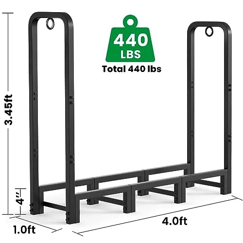 AMAGABELI GARDEN & HOME 4ft Firewood Log Rack Outdoor Indoor Heavy Duty Wrought Iron Fire Wood Holder Outdoors Stand Tubular Wood Pile Lumber Storage Stacking Log Bin Black