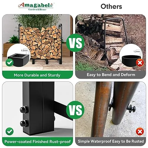 AMAGABELI GARDEN & HOME 4ft Firewood Log Rack Outdoor Indoor Heavy Duty Wrought Iron Fire Wood Holder Outdoors Stand Tubular Wood Pile Lumber Storage Stacking Log Bin Black