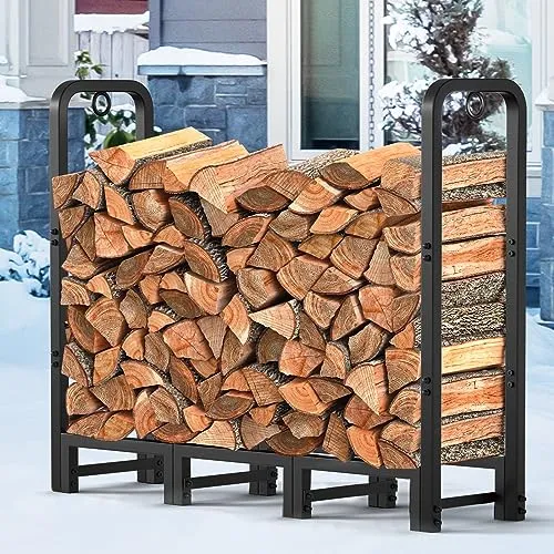 AMAGABELI GARDEN & HOME 4ft Firewood Log Rack Outdoor Indoor Heavy Duty Wrought Iron Fire Wood Holder Outdoors Stand Tubular Wood Pile Lumber Storage Stacking Log Bin Black