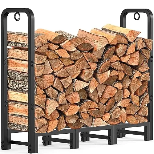 AMAGABELI GARDEN & HOME 4ft Firewood Log Rack Outdoor Indoor Heavy Duty Wrought Iron Fire Wood Holder Outdoors Stand Tubular Wood Pile Lumber Storage Stacking Log Bin Black